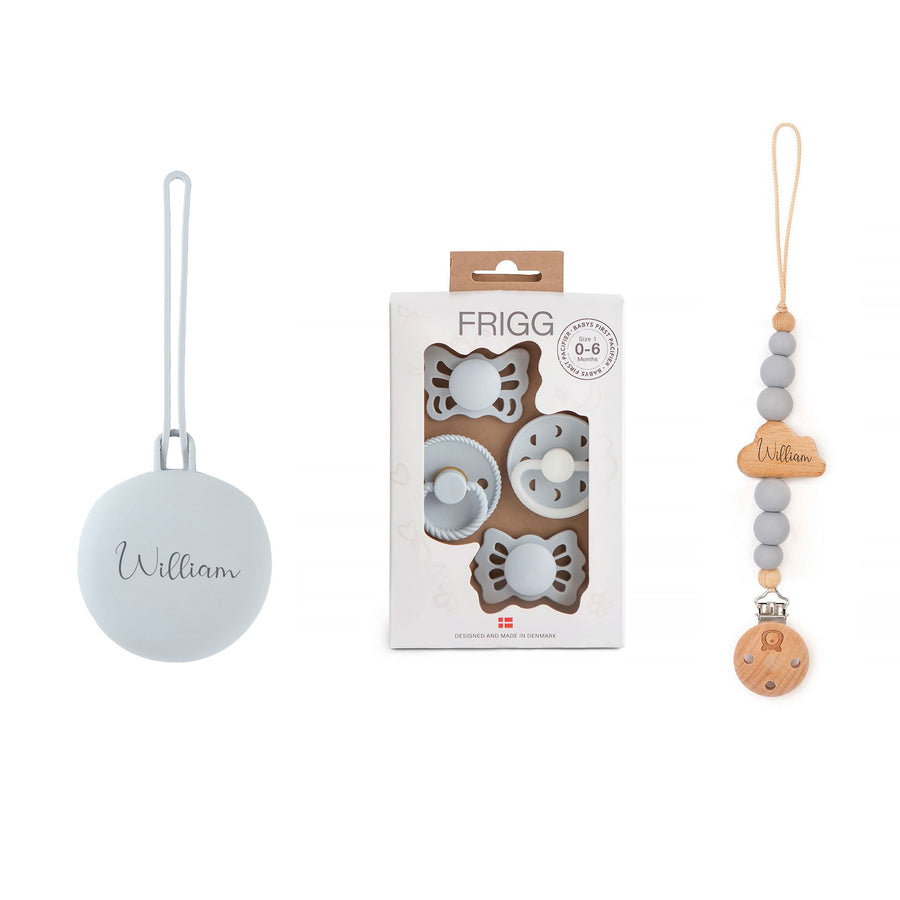 FRIGG Trial Collection Pacifiers & Personalised Holders Set Powder Blue - Personalisable Baby Products Sold and Personalised by JustBørn