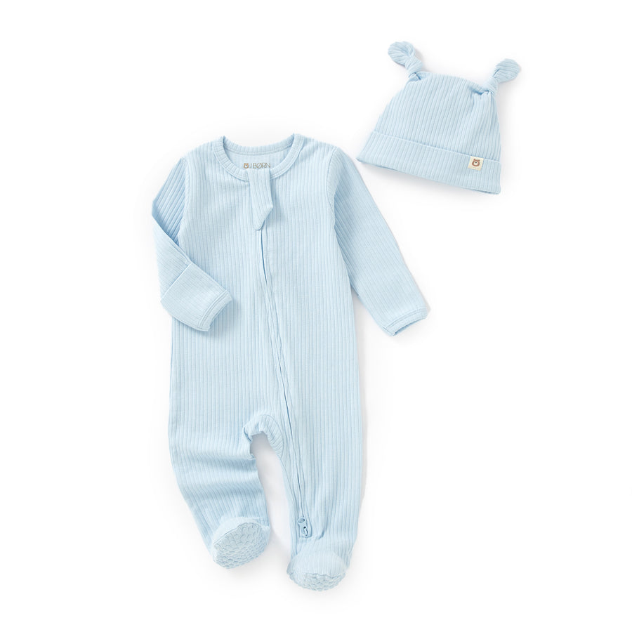 Ribbed Baby Blue JBØRN Organic Cotton Ribbed Baby Sleep Suit and Hat by Just Børn sold by Just Børn