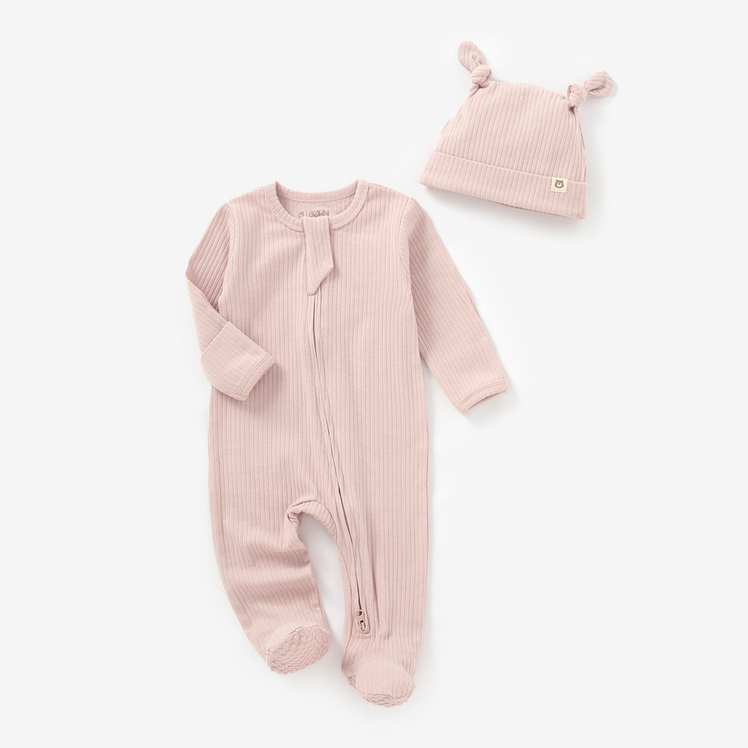 Ribbed Blush JBØRN Organic Cotton Ribbed Baby Sleep Suit and Hat by Just Børn sold by Just Børn