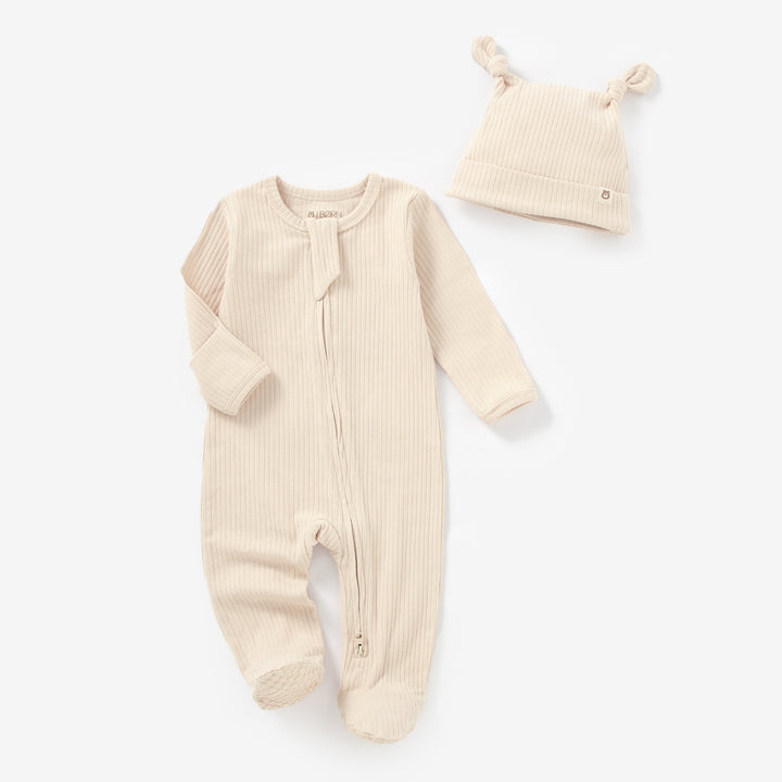 JBØRN Organic Cotton Ribbed Baby Sleep Suit and Hat Ribbed Cream - Personalisable Baby Products Sold and Personalised by JustBørn