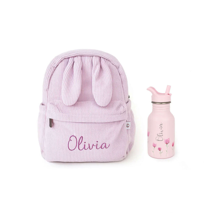 JBØRN Personalised Backpack + Water Bottle Set Lilac Bloom No Gift Box - Personalisable Baby Products Sold and Personalised by JustBørn