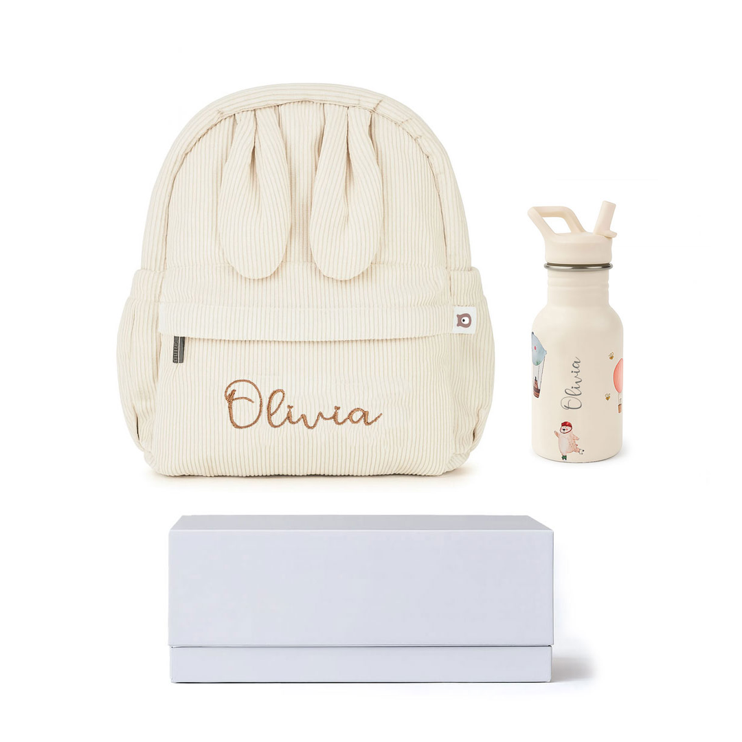 JBØRN Personalised Backpack + Water Bottle Set Adventure Bear Add Gift Box - Personalisable Baby Products Sold and Personalised by JustBørn