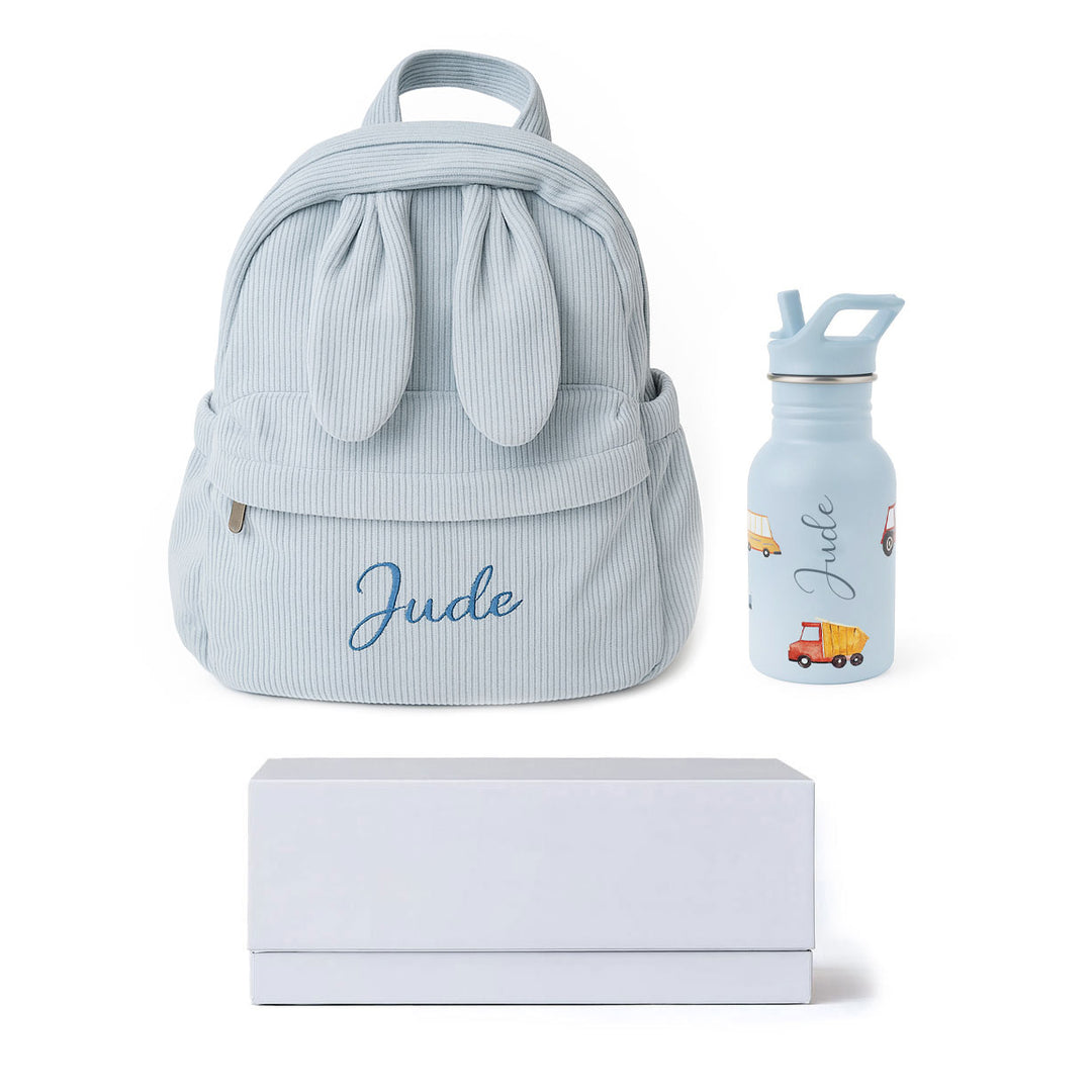 JBØRN Personalised Backpack + Water Bottle Set Road Trip Add Gift Box - Personalisable Baby Products Sold and Personalised by JustBørn