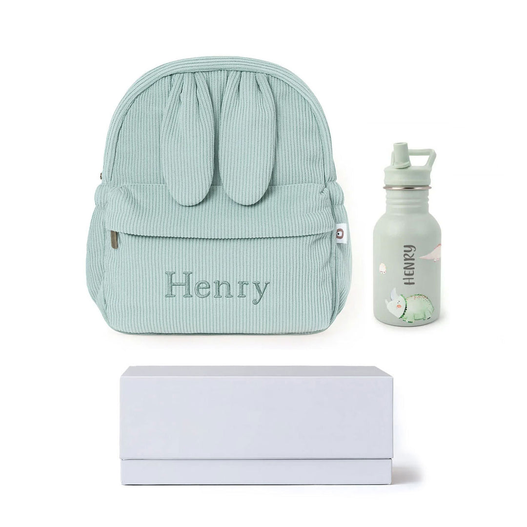 JBØRN Personalised Backpack + Water Bottle Set Dinosaurs Add Gift Box - Personalisable Baby Products Sold and Personalised by JustBørn