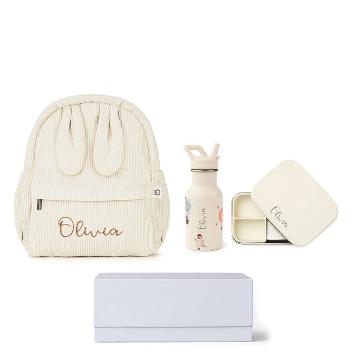 JBØRN Personalised Backpack, Water Bottle & Lunch Box Set Ivory Add Gift Box - Personalisable Baby Products Sold and Personalised by JustBørn