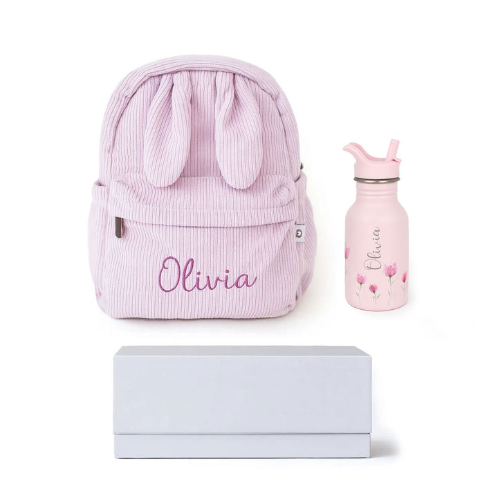 JBØRN Personalised Backpack + Water Bottle Set Lilac Bloom Add Gift Box - Personalisable Baby Products Sold and Personalised by JustBørn