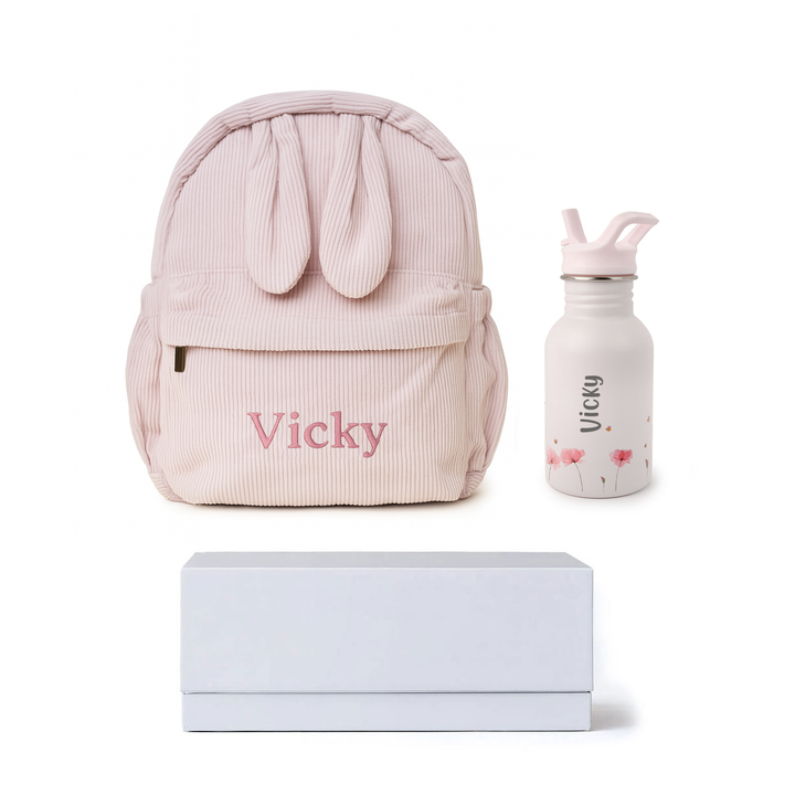 JBØRN Personalised Backpack + Water Bottle Set Poppy Flowers Add Gift Box - Personalisable Baby Products Sold and Personalised by JustBørn