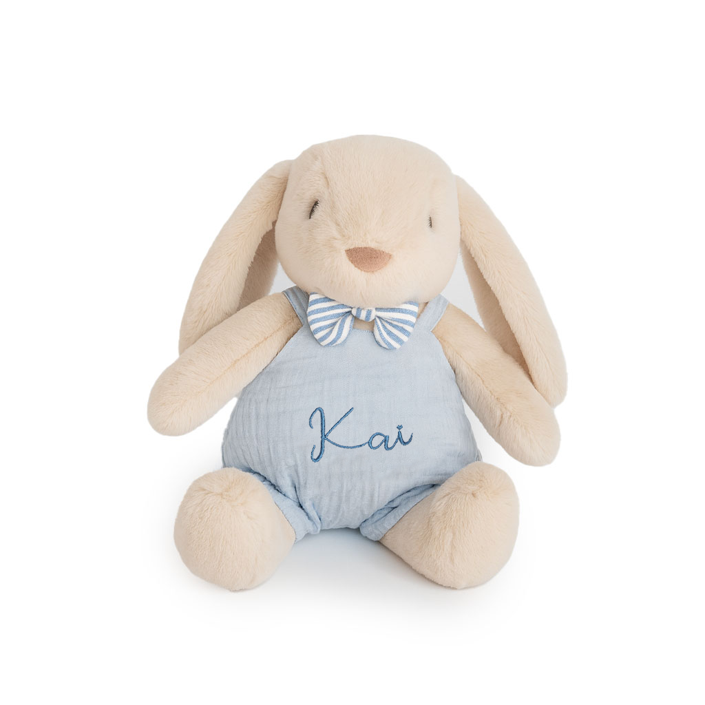 JBØRN Beige Bunny Soft Toy with Personalised Outfit Beige Cuddle Bunny in Blue Dungarees Yes - Personalisable Baby Products Sold and Personalised by JustBørn