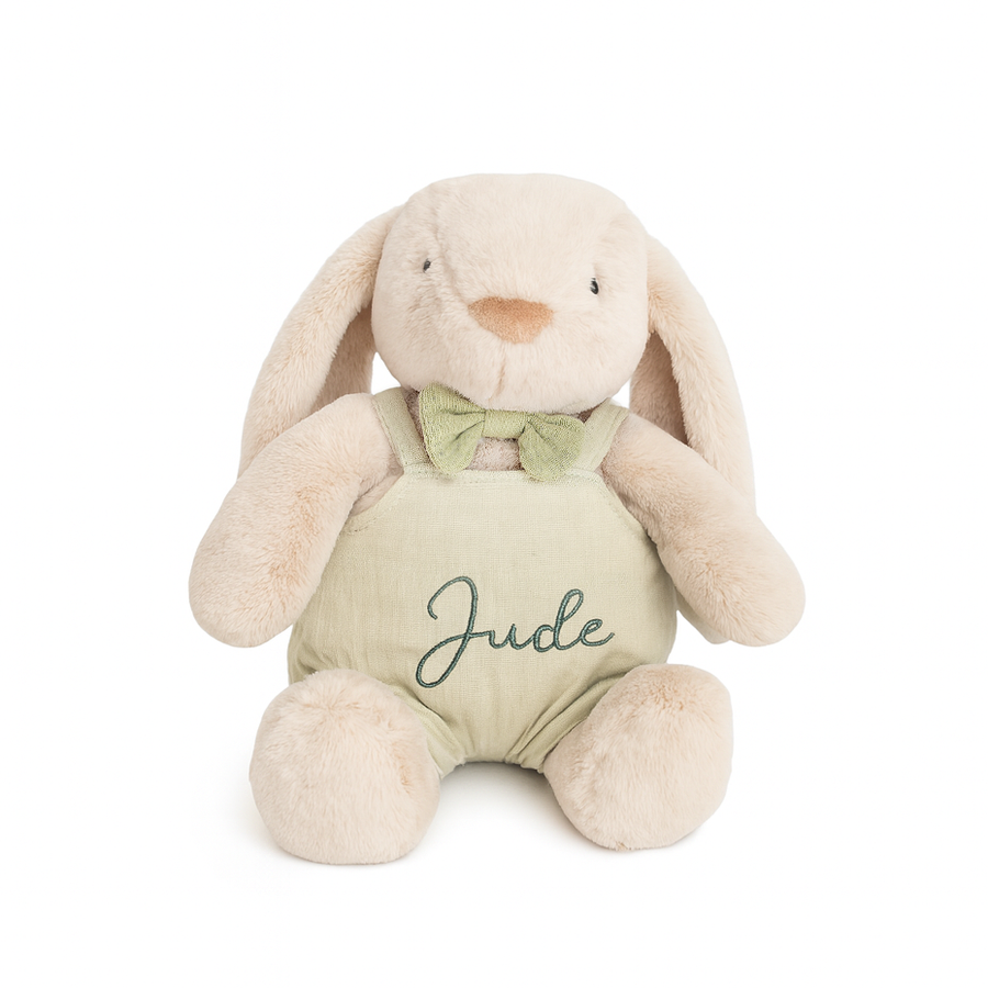 JBØRN Bunny Soft Toy (Beige) with Personalised Outfit Beige Cuddle Bunny in Pistachio Dungarees - Personalisable Baby Products Sold and Personalised by JustBørn