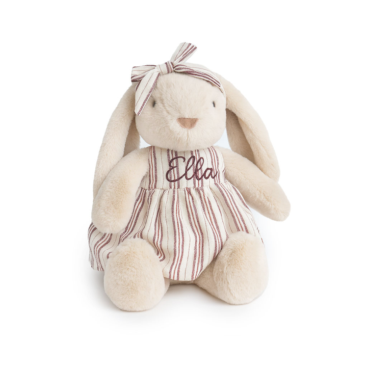 JBØRN Beige Bunny Soft Toy with Personalised Outfit Beige Cuddle Bunny in Striped Dress - Personalisable Baby Products Sold and Personalised by JustBørn