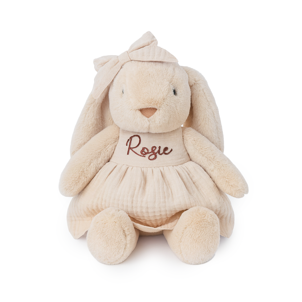 JBØRN Beige Bunny Soft Toy with Personalised Outfit Beige Cuddle Bunny in Vanilla Dress - Personalisable Baby Products Sold and Personalised by JustBørn