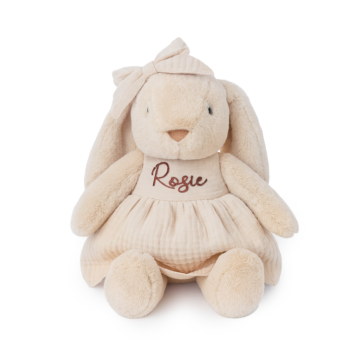 JBØRN Beige Bunny Soft Toy with Personalised Outfit Beige Cuddle Bunny in Vanilla Dress - Personalisable Baby Products Sold and Personalised by JustBørn