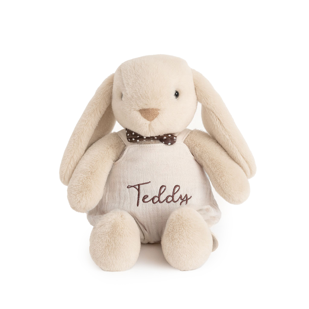 JBØRN Beige Bunny Soft Toy with Personalised Outfit Beige Cuddle Bunny in Vanilla Dungarees - Personalisable Baby Products Sold and Personalised by JustBørn