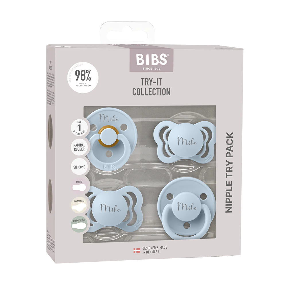 BIBS Try-It Collection - Try 4 Different Pacifiers Baby Blue Yes - Personalisable Baby Products Sold and Personalised by JustBørn