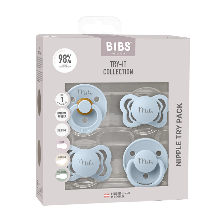 BIBS Try-It Collection - Try 4 Different Pacifiers Baby Blue Yes - Personalisable Baby Products Sold and Personalised by JustBørn