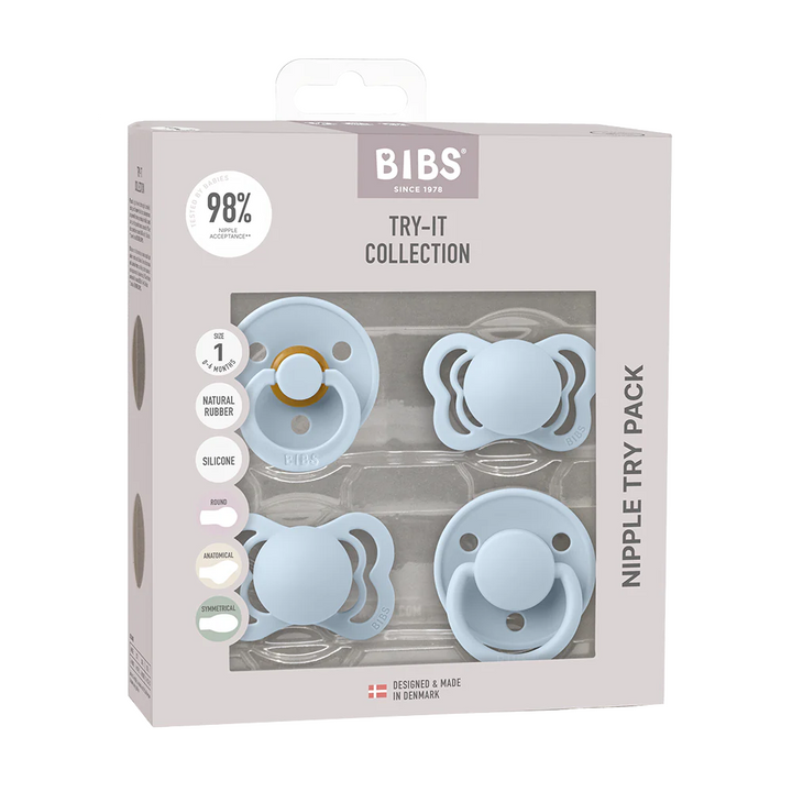 BIBS Try-It Collection - Try 4 Different Pacifiers Baby Blue No - Personalisable Baby Products Sold and Personalised by JustBørn