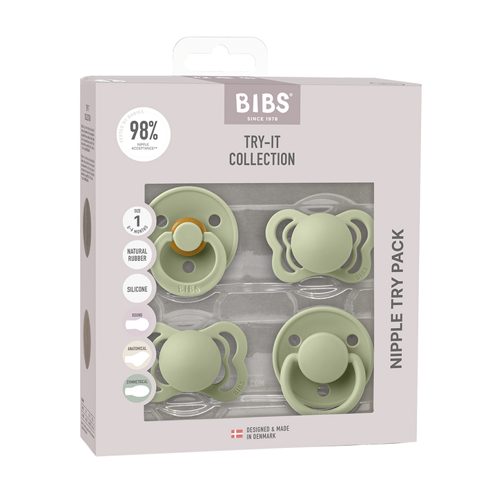 BIBS Try-It Collection - Try 4 Different Pacifiers Pack Sage - Personalisable Baby Products Sold and Personalised by JustBørn