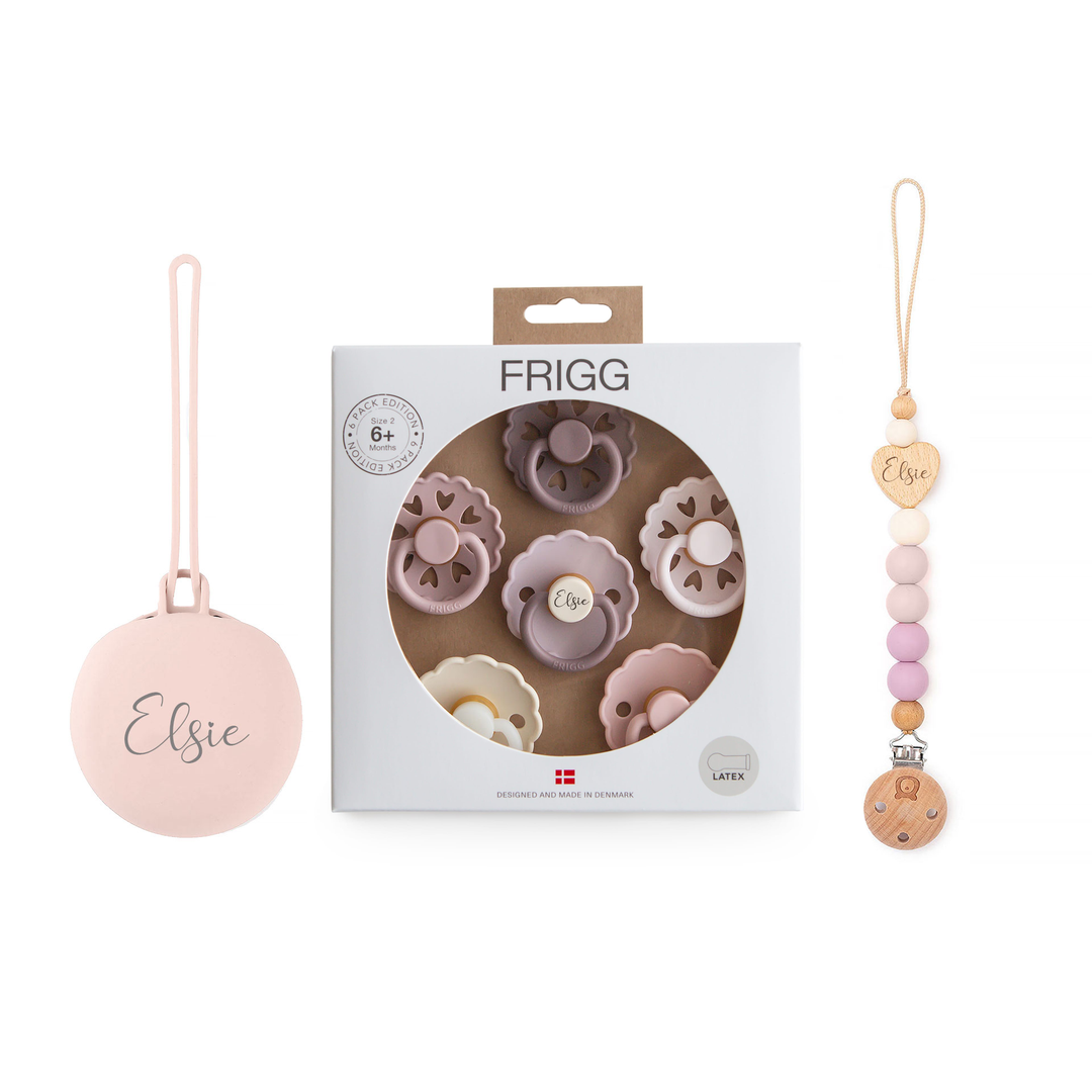 FRIGG Daisy Pack of 6 Natural Rubber Latex Pacifiers + Matching Holders - Personalisable Baby Products Sold and Personalised by JustBørn