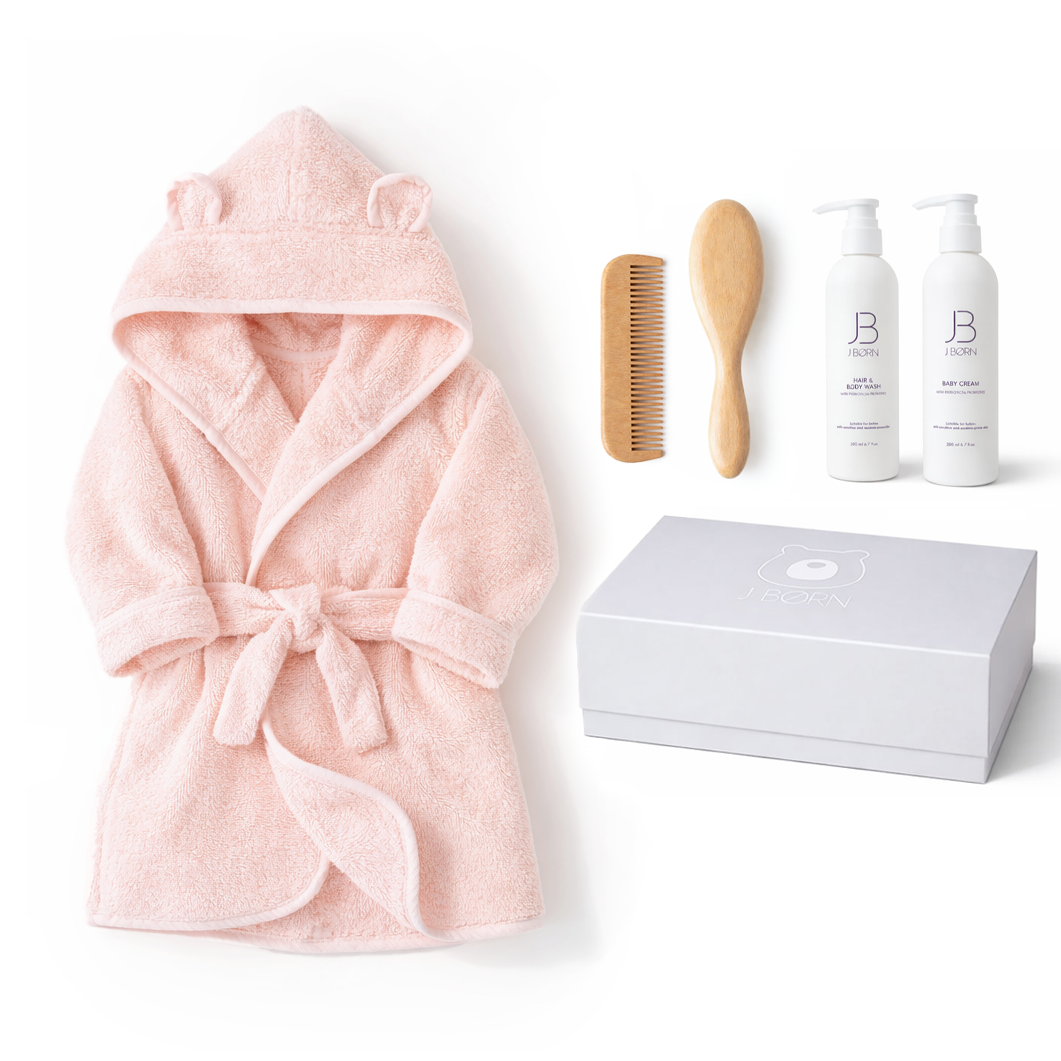 JBØRN Baby Spa Gift Set | Bathrobe, Brush Set & Skincare Blossom Baby Spa Gift Set - Personalisable Baby Products Sold and Personalised by JustBørn
