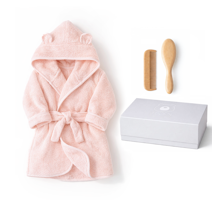 JBØRN Baby Bath Set | Organic Cotton Bathrobe & Hairbrush Set Blossom Bathrobe & Hairbrush Gift Set - Personalisable Baby Products Sold and Personalised by JustBørn