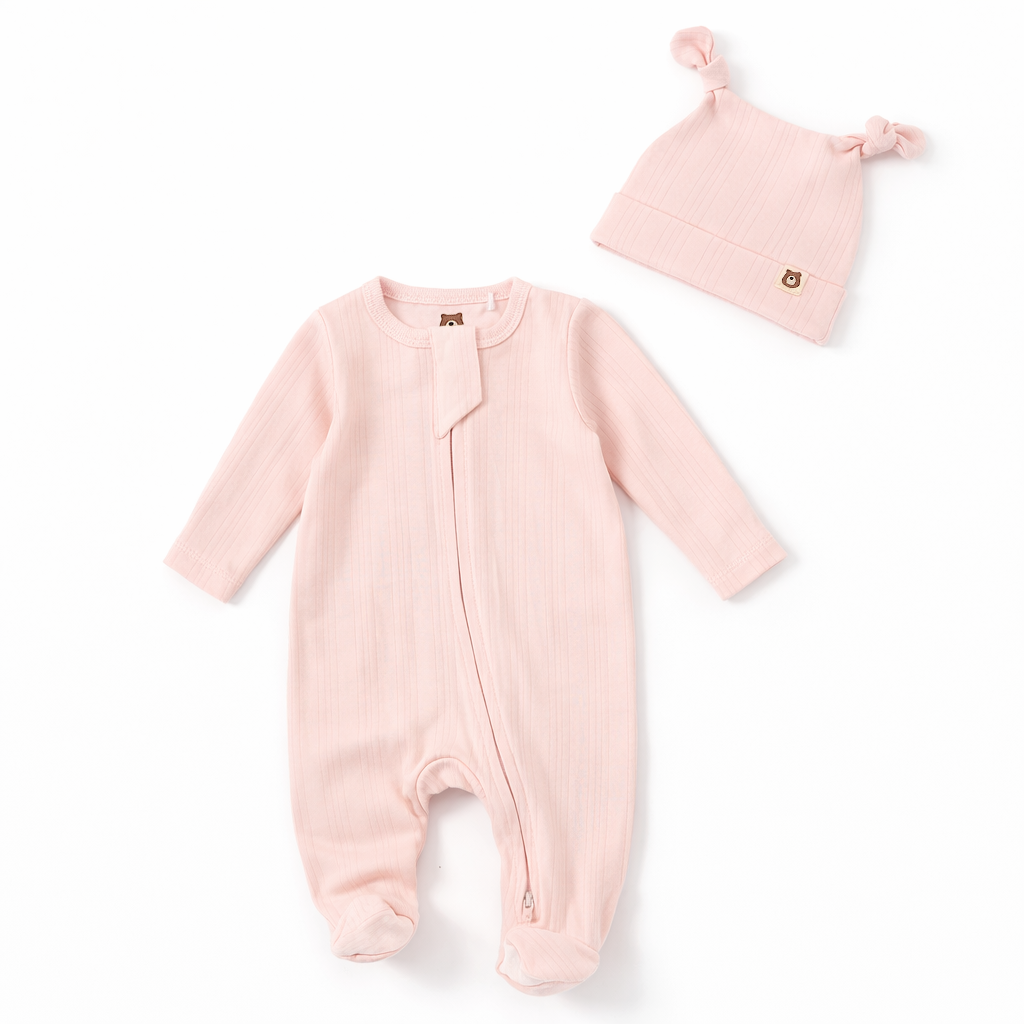 JBØRN Ribbed Bamboo Sleepsuit with Hat | 0–6M Blossom | Sleepsuit & Hat Set - Personalisable Baby Products Sold and Personalised by JustBørn