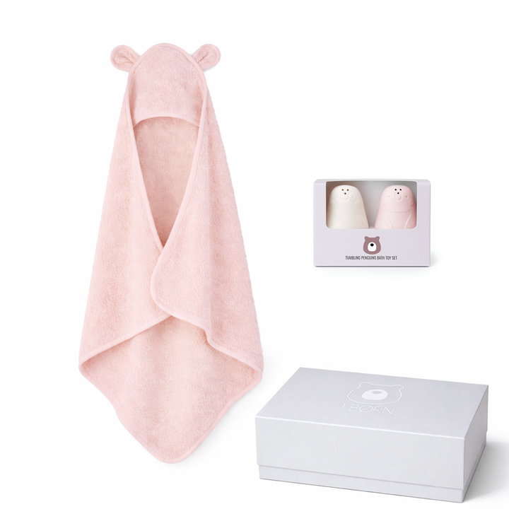 JBØRN Organic Cotton Baby Hooded Towel & Bath Toys Gift Set Blossom Set - Personalisable Baby Products Sold and Personalised by JustBørn