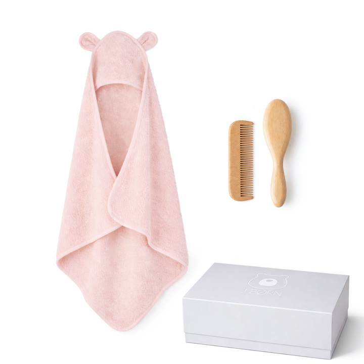 JBØRN Baby Gift Set | Organic Cotton Towel & Hair Brush Set Blossom Towel & Hairbrush Gift Set - Personalisable Baby Products Sold and Personalised by JustBørn