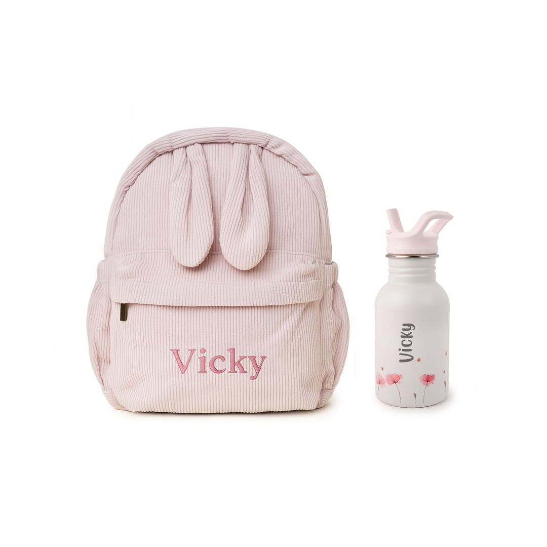 JBØRN Personalised Backpack + Water Bottle Set Poppy Flowers No Gift Box - Personalisable Baby Products Sold and Personalised by JustBørn