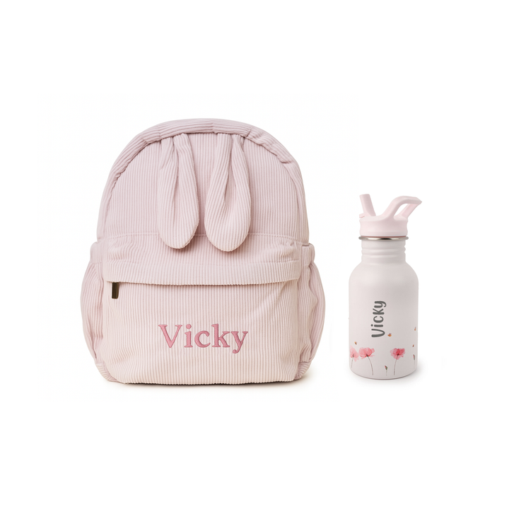 JBØRN Personalised Backpack + Water Bottle Set Poppy Flowers No Gift Box - Personalisable Baby Products Sold and Personalised by JustBørn