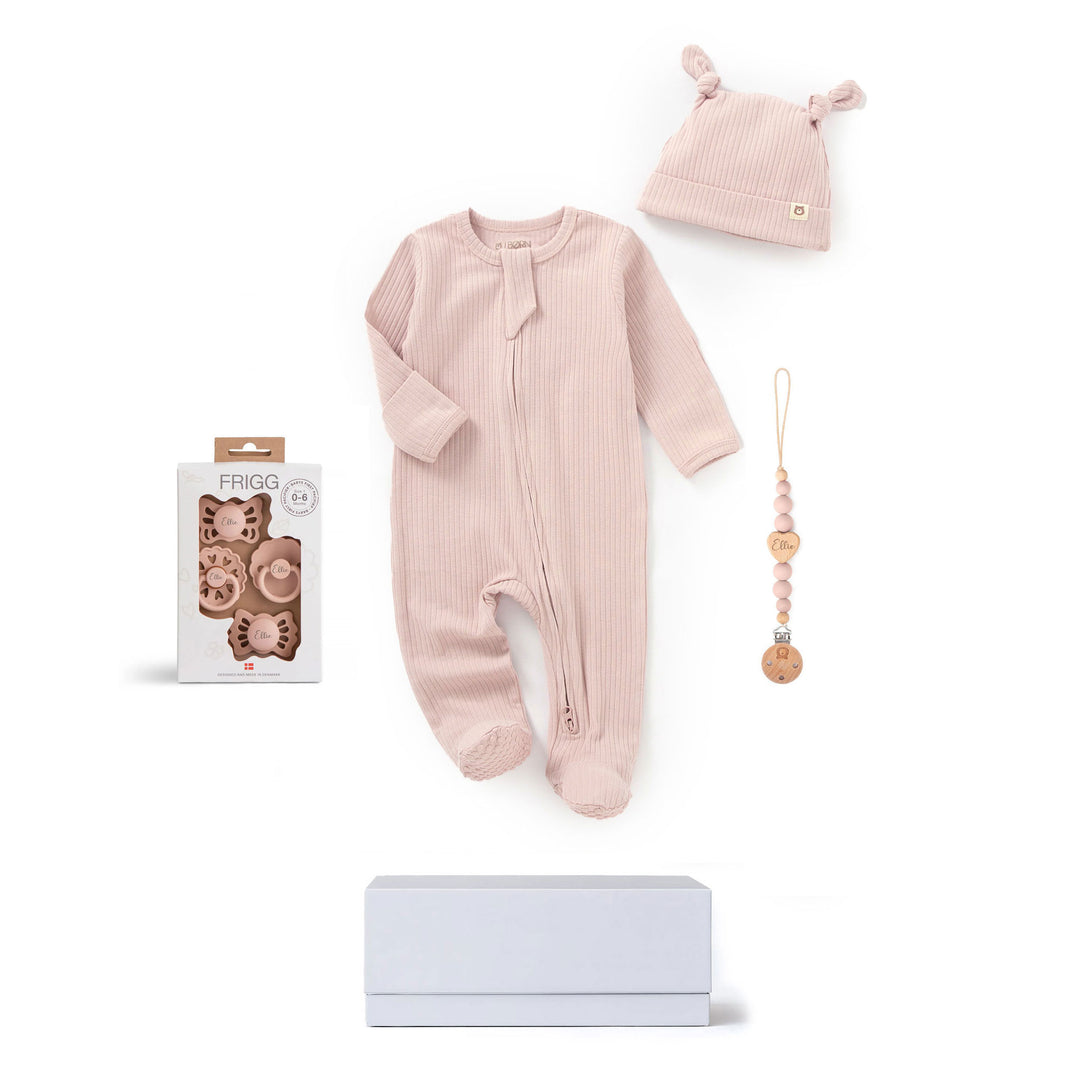 JBØRN x FRIGG Baby Gift Set | Organic Cotton Sleepsuit, First Pacifiers & Matching Clip - Personalisable Baby Products Sold and Personalised by JustBørn