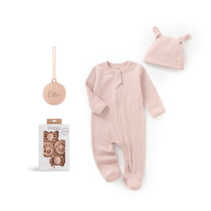 JBØRN x FRIGG Baby Gift Set | Organic Cotton Sleepsuit, First Pacifiers & Matching Clip Blush - Personalisable Baby Products Sold and Personalised by JustBørn