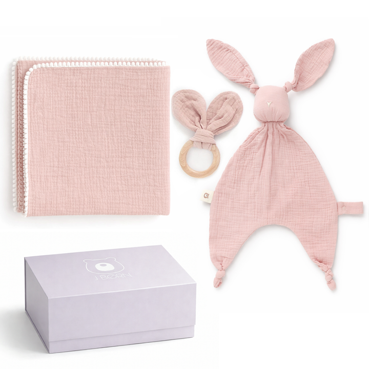 JBØRN Muslin Blanket, Comforter & Teether Set | Organic Cotton Baby Swaddle Blush Swaddle & Comforter Gift Set - Personalisable Baby Products Sold and Personalised by JustBørn