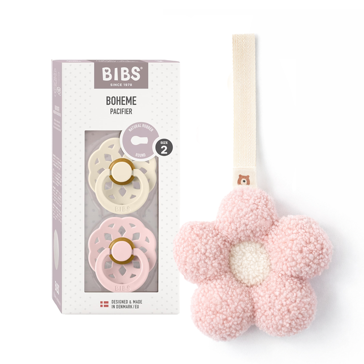 JBØRN x BIBS Latex Round Pacifier Duo & Personalised Plush Holder Set Boheme Set | Ivory & Blossom - Personalisable Baby Products Sold and Personalised by JustBørn