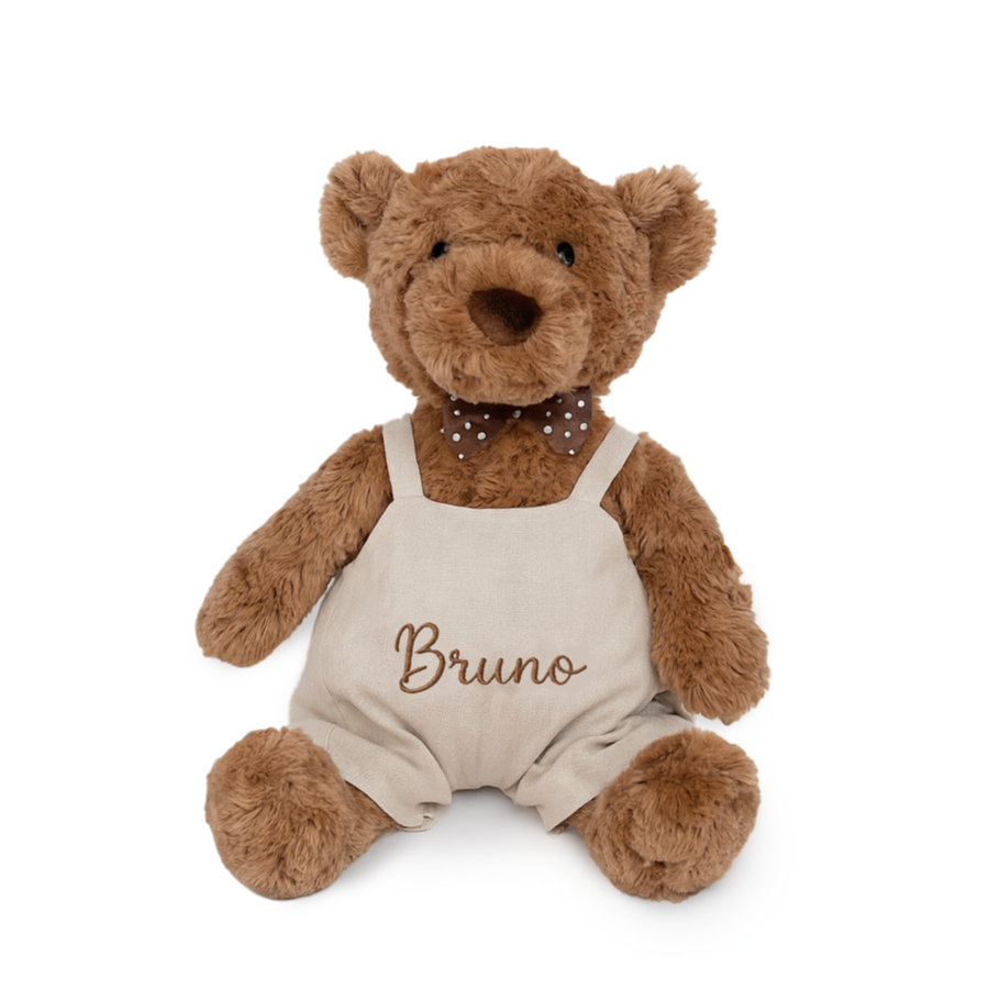 JBØRN Teddy Bear Soft Toy (Brown) with Personalised Outfit Brown Teddy B in Vanilla Dungarees - Personalisable Baby Products Sold and Personalised by JustBørn