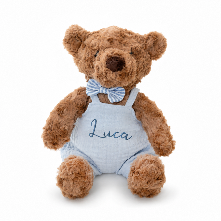JBØRN Brown Teddy Bear Soft Toy with Personalised Outfit - Personalisable Baby Products Sold and Personalised by JustBørn