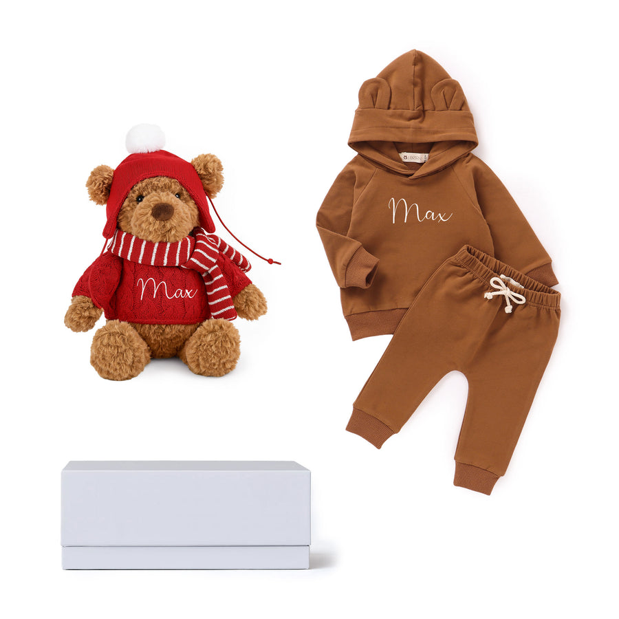 JBØRN Festive Gift Box | Chocolate Brown Teddy Hoodie Set & Winter Bear 0-3 months - Personalisable Baby Products Sold and Personalised by JustBørn
