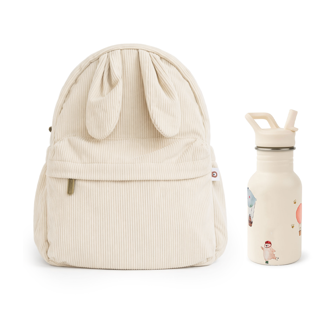 JBØRN Personalised Backpack & Water Bottle Set Cream Backpack & Adventure Bear Bottle Set - Personalisable Baby Products Sold and Personalised by JustBørn