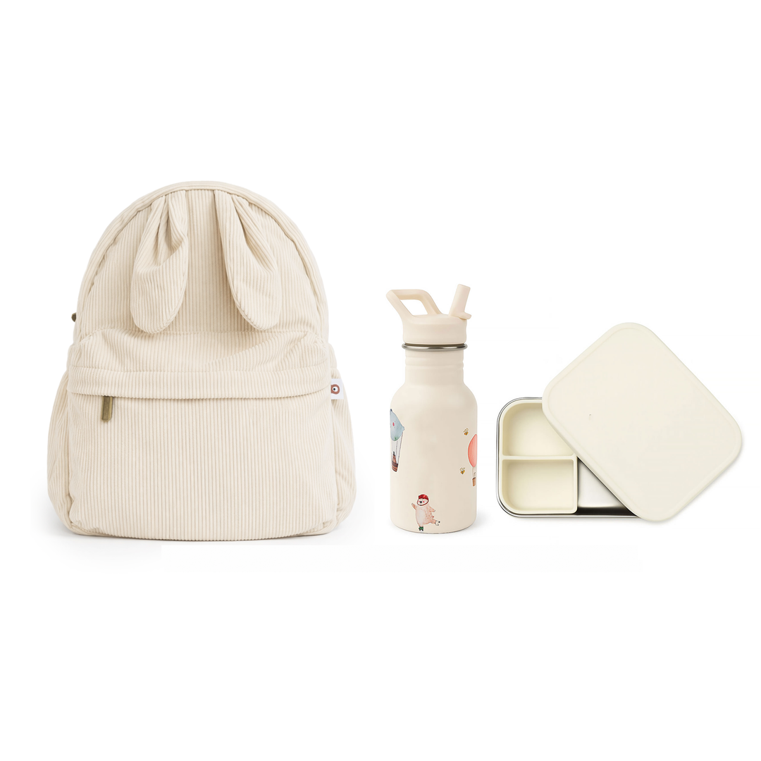 JBØRN Personalised Backpack, Water Bottle & Lunch Box Gift Set Cream Travel Bundle - Personalisable Baby Products Sold and Personalised by JustBørn