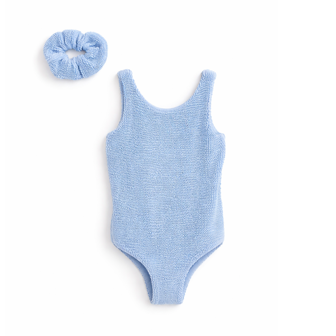 JBØRN Baby Girl Classic Crinkle Swimsuit Crinkle Ocean Blue Swimsuit - Personalisable Baby Products Sold and Personalised by JustBørn