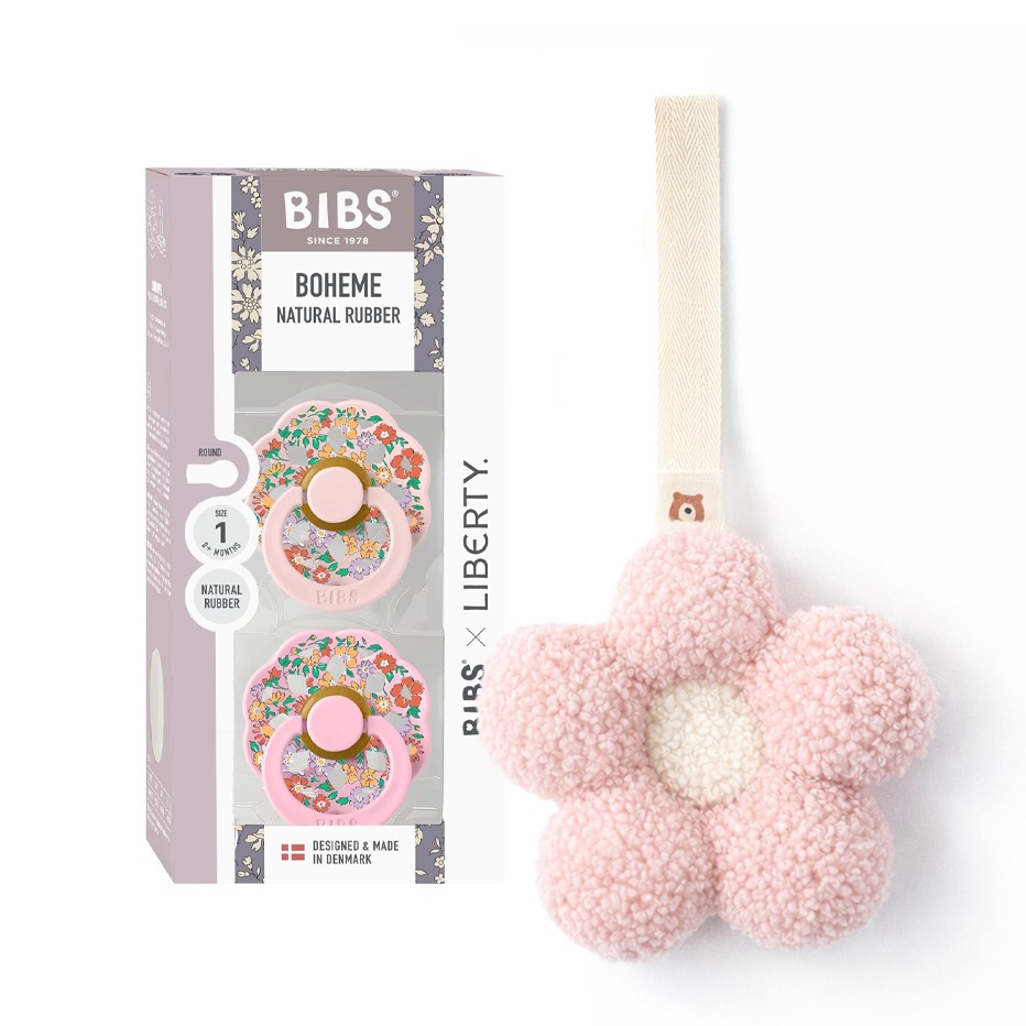 JBØRN x BIBS Latex Round Pacifier Duo & Personalised Plush Holder Set Daisy Set | Meadow Blossom Mix - Personalisable Baby Products Sold and Personalised by JustBørn