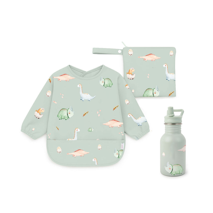 JBØRN First Birthday Gift | Personalised Water Bottle & Matching Sleeved Bib Dinosaurs - Personalisable Baby Products Sold and Personalised by JustBørn