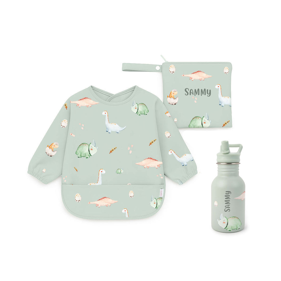 JBØRN First Birthday Gift | Personalised Water Bottle & Matching Sleeved Bib Dinosaurs No Gift Box - Personalisable Baby Products Sold and Personalised by JustBørn