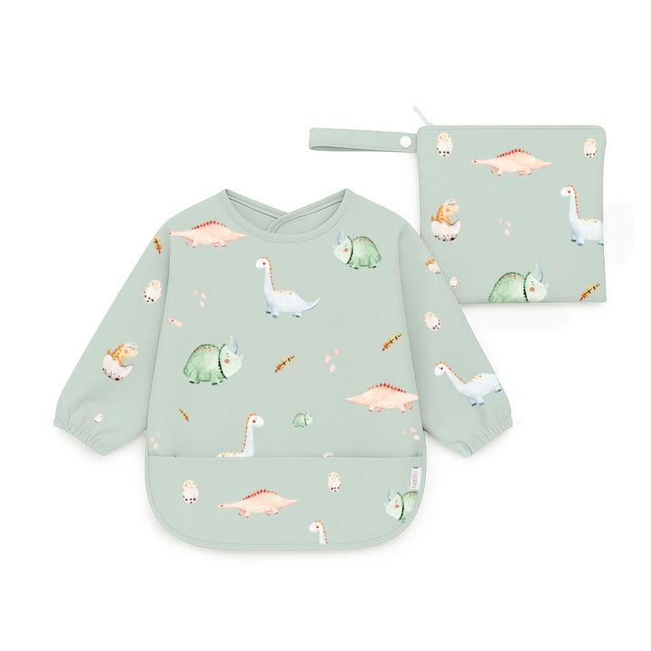 JBØRN Long Sleeve Baby Feeding Bib with Personalised Travel Bag Dinosaurs - Personalisable Baby Products Sold and Personalised by JustBørn