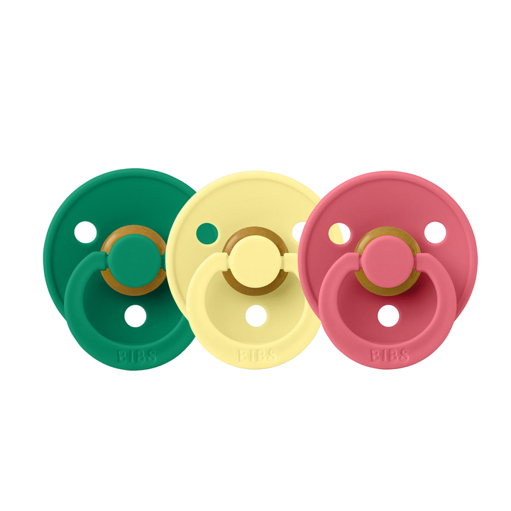 BIBS Colour Natural Rubber Latex Pacifiers (Size 1 & 2) | 3 Pack Evergreen Sunshine Coral - Personalisable Baby Products Sold and Personalised by JustBørn