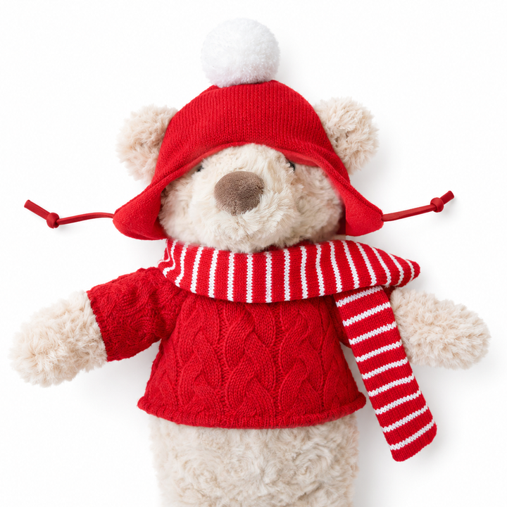 JBØRN Christmas Teddy Bear Soft Toy with Personalised Festive Outfit Festive Bear | Beige - Personalisable Baby Products Sold and Personalised by JustBørn