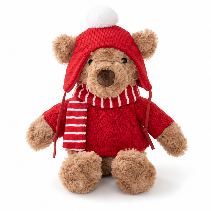 JBØRN Christmas Teddy Bear Soft Toy with Personalised Festive Outfit Festive Bear | Brown - Personalisable Baby Products Sold and Personalised by JustBørn