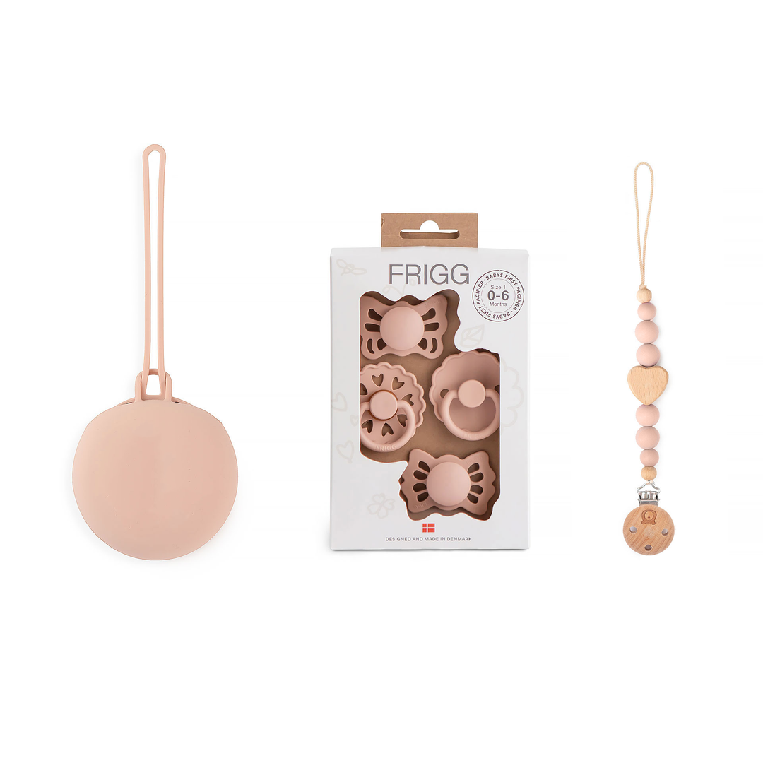 JBØRN x FRIGG Frigg Baby Pacifiers Set & Holders Set Floral Heart Blush Set - Personalisable Baby Products Sold and Personalised by JustBørn
