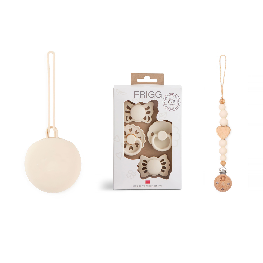 JBØRN x FRIGG Frigg Baby Pacifiers Set & Holders Set Floral Heart Cream Set - Personalisable Baby Products Sold and Personalised by JustBørn