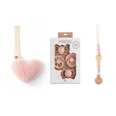 JBØRN x FRIGG Baby Gift Set | Baby's First Pacifiers Pack & Holders Set Floral Heart Plush Blush Set - Personalisable Baby Products Sold and Personalised by JustBørn