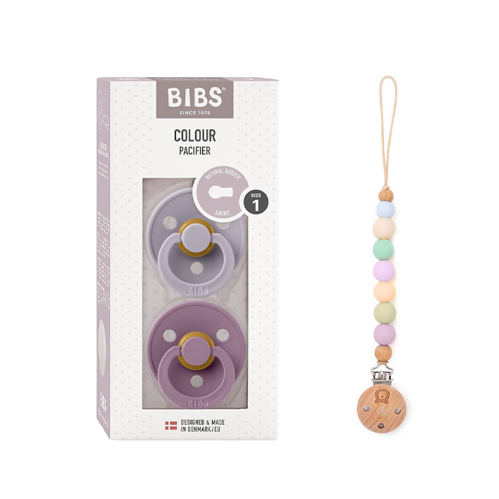 Pack of 2 BIBS Colour Latex Pacifiers & Rainbow Pacifier Clip | 0-6 Months | Size 1 Fossil Gray Mauve & Rainbow Clip Size 1 (0-6 months) - Personalisable Baby Products Sold and Personalised by JustBørn